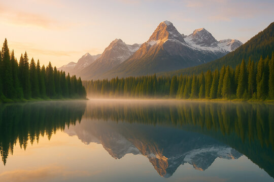 AI-Generated serene mountain lake with perfect reflection landscape background at golden hour sunrise featuring snow-capped peaks and evergreen forest for nature photography and travel marketing.