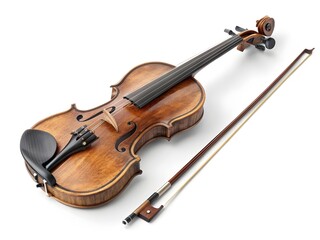 Fototapeta premium Aged wooden violin and bow isolated on white background