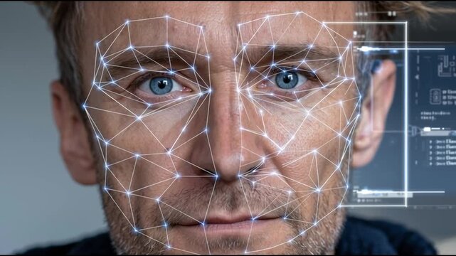 Deepfake AI. Machine learning. Synthetic media. A close-up of a man's face with digital facial recognition overlay.