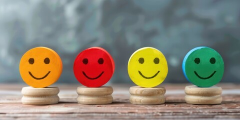 A colorful wooden block with a smiley face on it, placed on a wooden block with a wooden background.