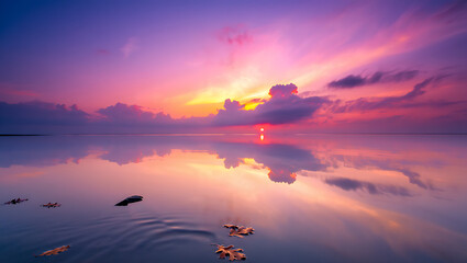 Vibrant sunset over calm ocean water with dramatic clouds reflecting the fiery orange pink and purple sky in a serene coastal landscape