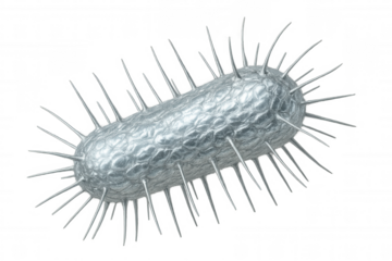 Metallic virus model spinning, revealing sharp spike proteins against transparent backdrop, showcasing complex microbiological design