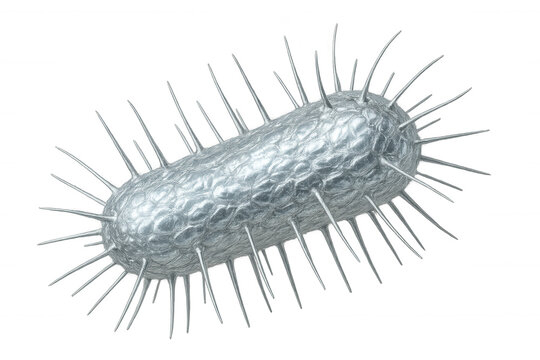 Metallic virus model spinning, revealing sharp spike proteins against transparent backdrop, showcasing complex microbiological design