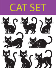 Obraz premium A collection of eight black cat silhouettes in various poses against a white background with purple text