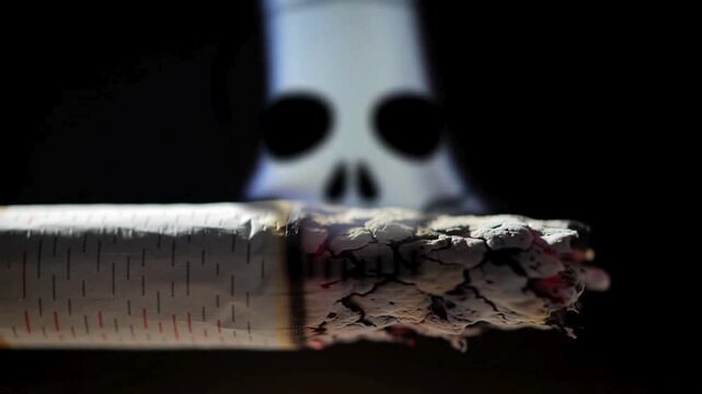 Close-up of a cigarette butt with a skull graphic in the background, highlighting the dangers of smoking.