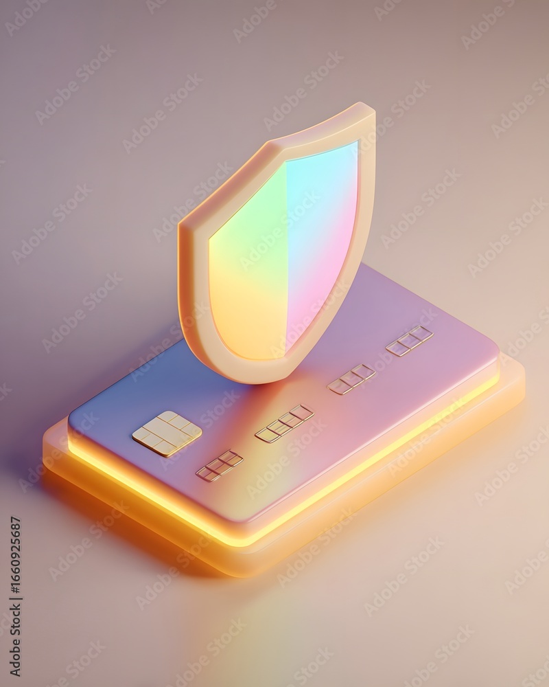 Poster colorful digital credit card with a shield symbolizing security, set against a soft gradient backgro