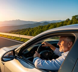 Naklejka premium Happy mature man driving car with smile on face, joyful senior male enjoying road trip in modern vehicle, confident driver on journey, lifestyle concept of freedom, independence, travel and positive a