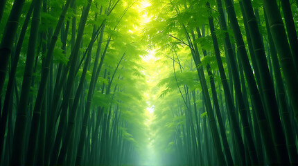 Fototapeta premium Lush Bamboo Forest Canopy Bathed in Sunlight, Serene and Vibrant Nature Scene