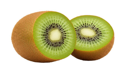 Fototapeta premium Freshly cut kiwi fruit showcasing vibrant green flesh and seeds isolated on white background ideal for healthy recipes