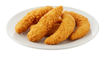 Crispy golden chicken tenders served isolated on white background