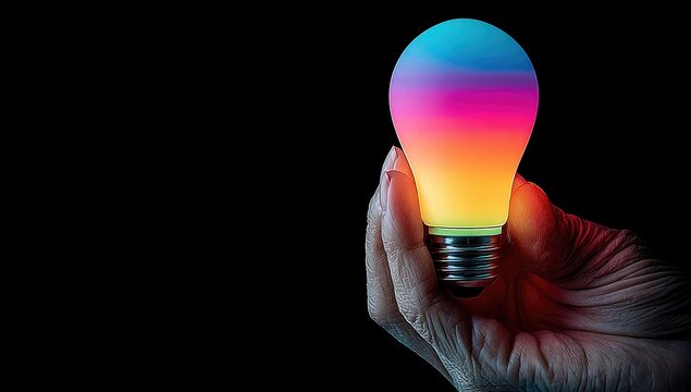 A hand holds a rainbow-colored lightbulb against a black background