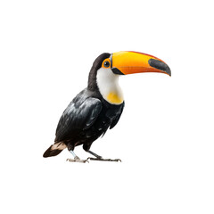 A colorful toucan bird with a large beak perched upright