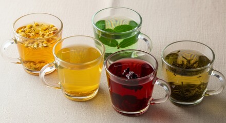 Assortment of Herbal Teas in Glass Mugs