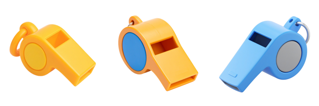 Three Colorful Whistles Isolated On Transparent Background