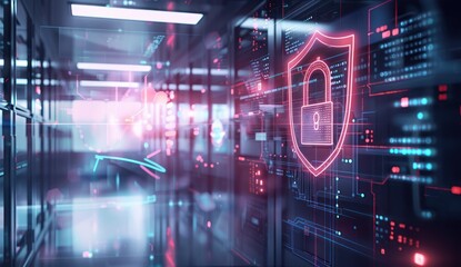 A futuristic server room with neon lights and a glowing shield icon in the foreground.