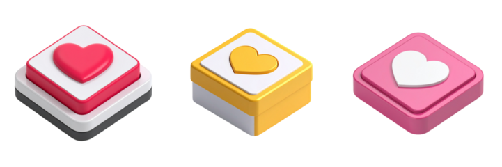 Isometric Set Of Three Heart-Shaped Designs In Red Yellow And Pink Colors With Transparent Background