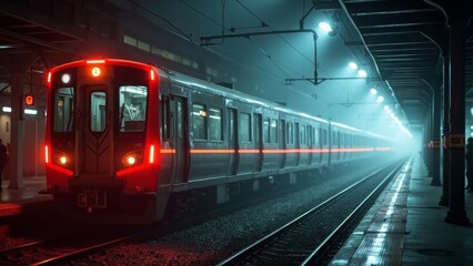 Naklejka premium Red train landscape inside the tunnel
