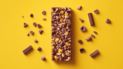 Chocolate chip granola bar with chocolate pieces on yellow background.