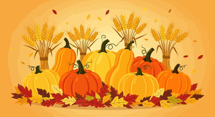 Illustration Vector Featuring Pumpkins Wheat and Autumn Leaves in an Organic Style with Warm Orange and Yellow Tones
