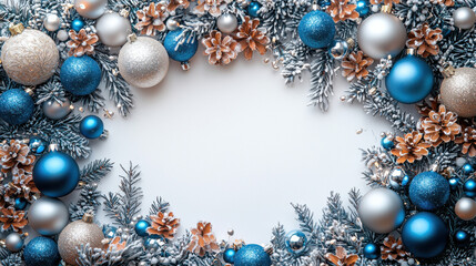 A stark white canvas serves as the backdrop for a festive tableau: twinkling strands of blue and silver Christmas lights, their ethereal glow illuminating the intricate designs of ornaments 