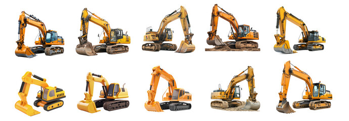 A collection of various construction equipment, including excavators, bulldozers, and cranes, arranged in a grid pattern on a transparent background