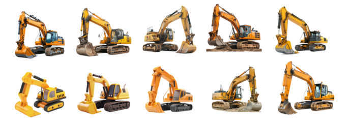 A collection of various construction equipment, including excavators, bulldozers, and cranes, arranged in a grid pattern on a transparent background