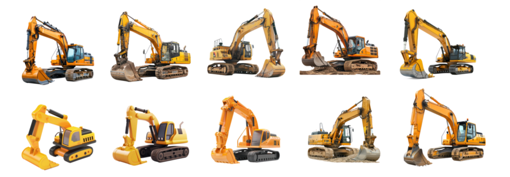 A collection of various construction equipment, including excavators, bulldozers, and cranes, arranged in a grid pattern on a transparent background