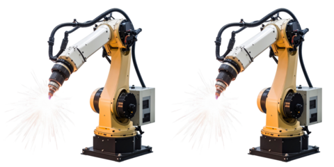 Yellow Robotic Arm Performing Welding Action On Transparent Background