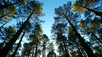 Fototapeta premium A low-angle shot capturing the majestic forest canopy reaching toward a clear sky