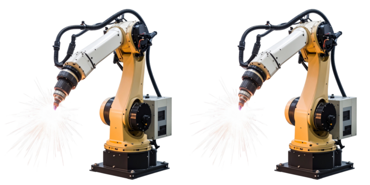 Yellow Robotic Arm Performing Welding Action On Transparent Background