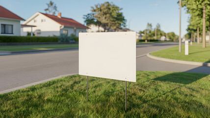 Blank sign on lawn ready for your message in a peaceful neighborhood setting, perfect for real estate