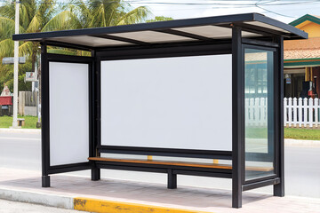 Modern Bus Stop with Blank White Billboard in Suburban Setting. Mock up promotion information for marketing announcements and details, blank white space.