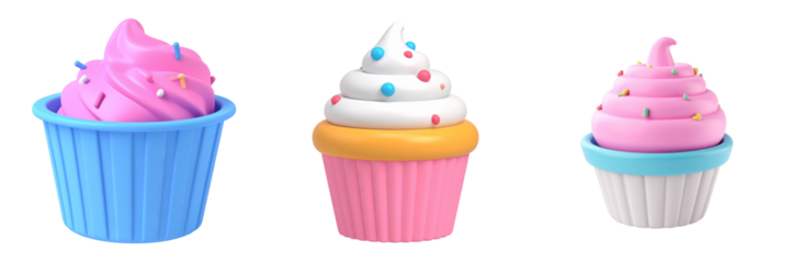 Three Colorful Cupcakes Isolated On Transparent Background with Pink Blue And Yellow Decoration