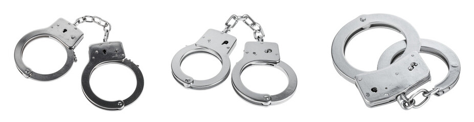 Close Up Of Multiple Metal Handcuffs In Various Arrangements Against Transparent Background