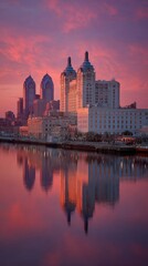 Fototapeta premium Pink sunrise over city skyline reflected in calm water
