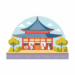 Obraz premium Japanese Shrine Illustration with Figures and Landscape