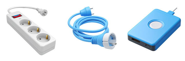 Obraz premium Three Electrical Components On Transparent Background Including Power Strip Power Cable And Adapter