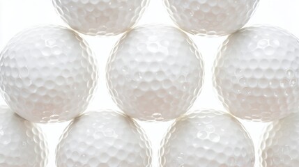 Neatly arranged golf balls on white surface, clean reflections and product-style presentation.