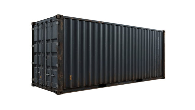 View of a corrugated cargo container for global shipping, a metal freight box for worldwide transport and import, trade and export logistics on a white backdrop
