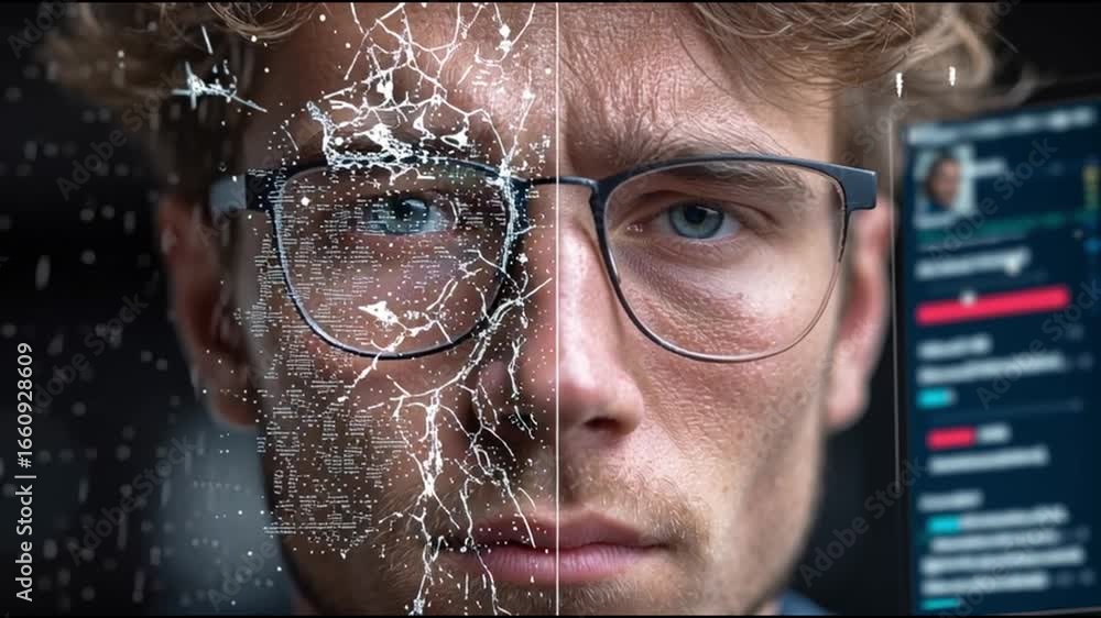 Poster deepfake ai. machine learning. synthetic media. a split image of a man with a cracked lens effect on