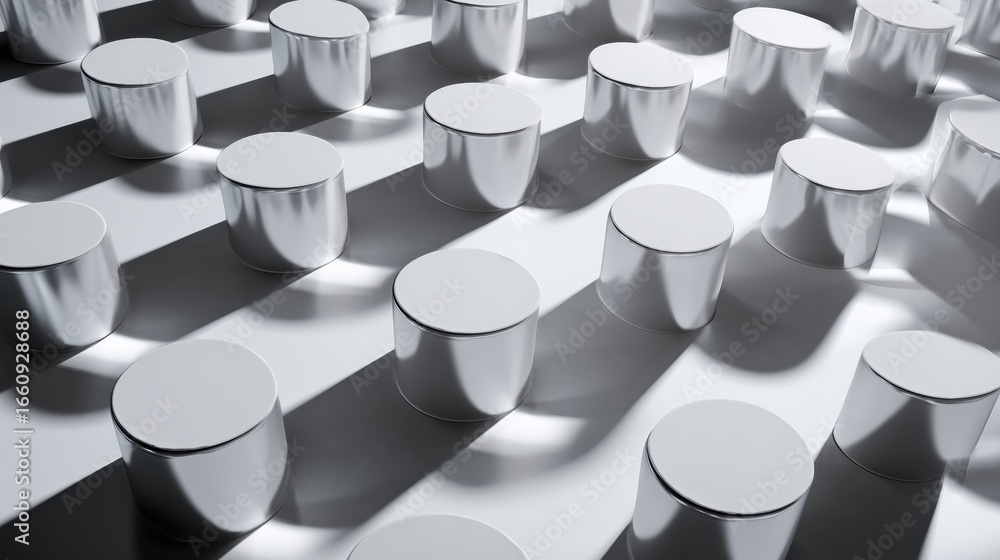 Aufkleber grid of half-white cylinders reflective cups arranged in a pattern, casting intriguing shadows on a 
