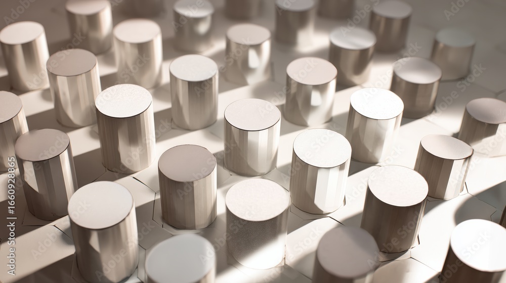 Poster grid of half-white cylinders abstract arrangement of metallic cylinders casting shadows in soft ligh