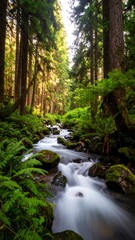 Obraz premium Forest Stream, Cascading Water, Lush Greenery (1)