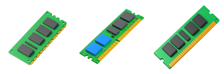 Isometric View Of Three RAM Modules With Green Boards And Black Gray Chips With Gold Connectors Isolated On Transparent Background