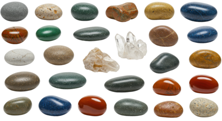 A vibrant collection of polished gemstones isolated on white background arranged artfully