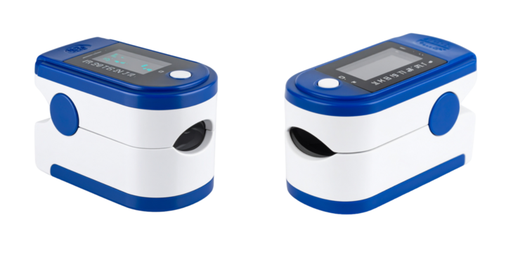 Two Pulse Oximeters Displaying Readings Against Transparent Background With Blue And White Color Scheme