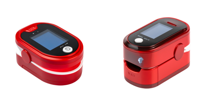 Two Red Pulse Oximeters Displaying Blue Screens on Transparent Background - Powered by Adobe