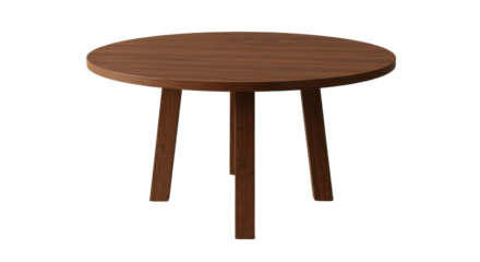Wooden round table isolated on white background with three legs set against a minimalist background
