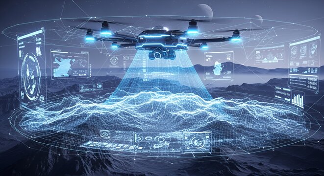 Futuristic Drone Surveying Alien Landscape with Advanced Tech - Powered by Adobe