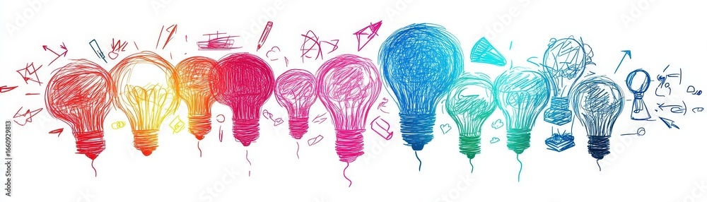 Poster diverse group of colorful illuminated light bulbs representing ideas creativity innovation brainstor